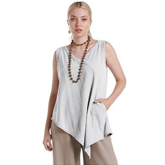 Oh My Gauze Tops - Oh My Gauze Light Gray Allie Cotton Top Asymmetrical Lagenlook Lightweight L XL